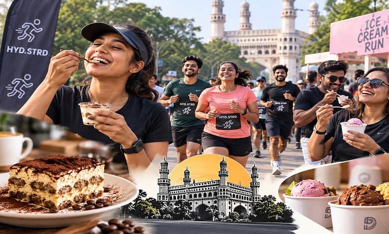 Participants enjoying ice cream at Hyderabad's race event with Charminar in background.