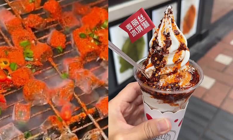 Colourful skewers of spicy street food and a dessert with ice cream and chocolate sauce in a cup.