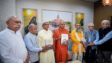 Members of the high-level selection committee, including search committee head Justice (Retd.) Pramod Kohli, second right, along with Shri Ram Janmabhoomi Teerth Kshetra Trust officials, present the final recommendation report for the appointment of the temple's first Chief Executive Officer (CEO), in Ayodhya, Uttar Pradesh.