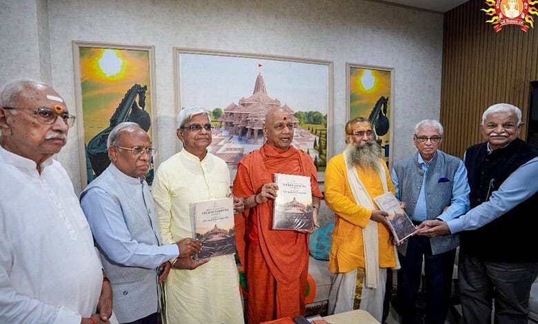Members of the high-level selection committee, including search committee head Justice (Retd.) Pramod Kohli, second right, along with Shri Ram Janmabhoomi Teerth Kshetra Trust officials, present the final recommendation report for the appointment of the temple's first Chief Executive Officer (CEO), in Ayodhya, Uttar Pradesh.