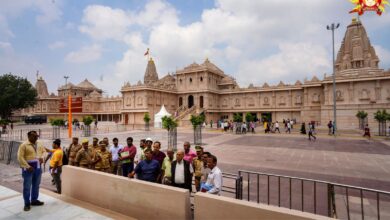 Ram Janmabhoomi Temple Construction Committee of Ayodhya Chairman Nripendra Mishra and others during an inspection of the construction work of the memorial pillar, in Ayodhya, Sunday, Sept. 13, 2026. (PTI Photo)