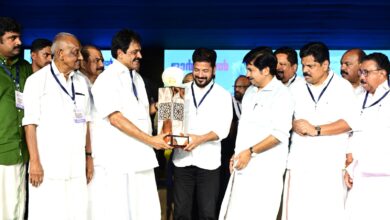 Telangana Chief Minister A Revanth Reddy receiving the prestigious Aryadan Muhammed award at Nilambur in Kerala.