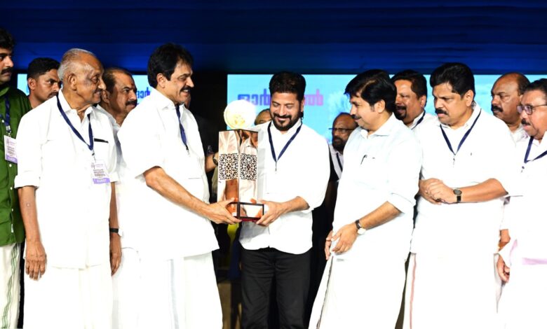 Telangana Chief Minister A Revanth Reddy receiving the prestigious Aryadan Muhammed award at Nilambur in Kerala.