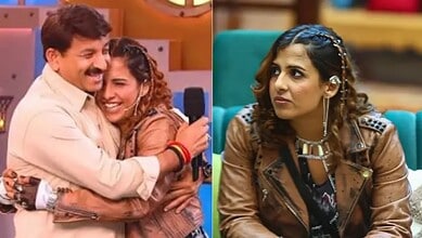Manoj Tiwari's daughter with a woman, smiling and hugging on a TV set.