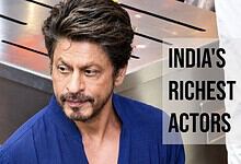Shah Rukh Khan in a blue shirt with text 'India's Richest Actors' on the side.