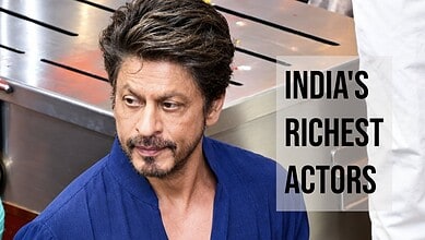 Shah Rukh Khan in a blue shirt with text 'India's Richest Actors' on the side.