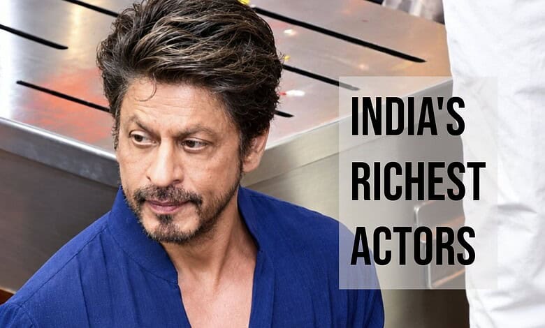 Shah Rukh Khan in a blue shirt with text 'India's Richest Actors' on the side.