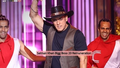 Salman Khan hosting Bigg Boss 20 with contestants on stage, vibrant background.