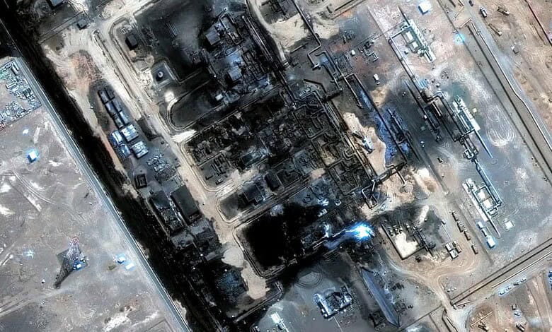 Satellite image showing extensive damage and fire to Saudi oil pipeline infrastructure.