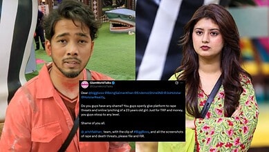 Arishfa Khan and ScoutOP in a scene from Bigg Boss 20 with a social media post overlay.