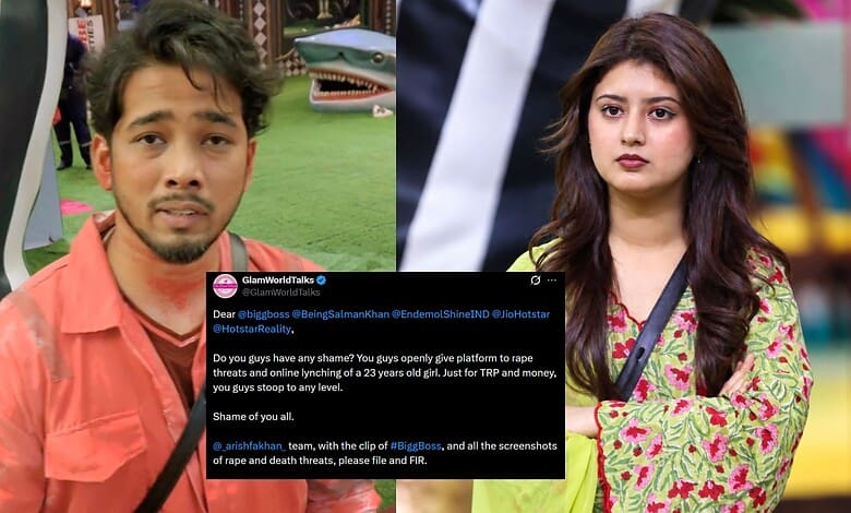 Arishfa Khan and ScoutOP in a scene from Bigg Boss 20 with a social media post overlay.