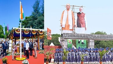 Indian flag hoisted at a public event with officials and soldiers present.
