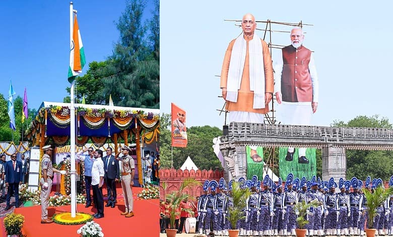 Indian flag hoisted at a public event with officials and soldiers present.