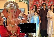 Family celebrating Ganesh Chaturthi with a large Ganesha idol and traditional attire.
