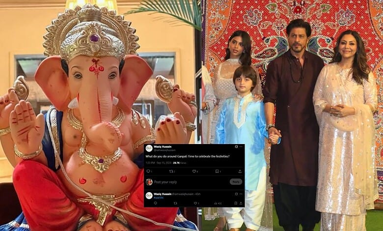 Family celebrating Ganesh Chaturthi with a large Ganesha idol and traditional attire.