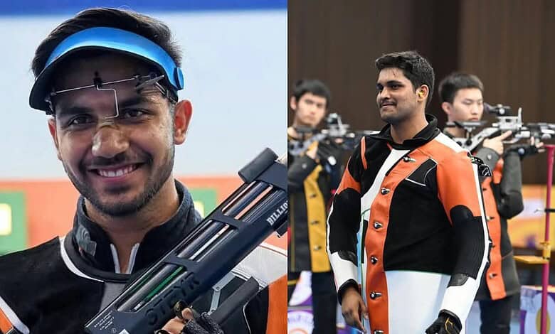 Indian shooter celebrating after winning silver in men's 10m air rifle at Asian Games.