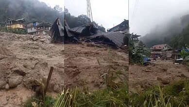 Landslide in Sikkim damages houses and infrastructure, causing destruction and disruption.