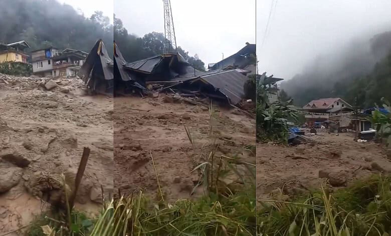 Landslide in Sikkim damages houses and infrastructure, causing destruction and disruption.
