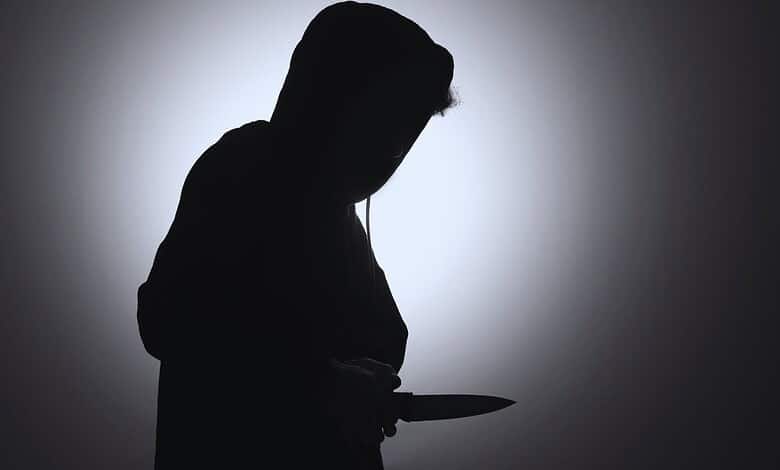 Silhouette of a person holding a knife in a dark setting, creating a mysterious and ominous atmosphere.