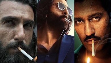 Close-up of three men smoking cigarettes, with intense expressions and varied backgrounds.