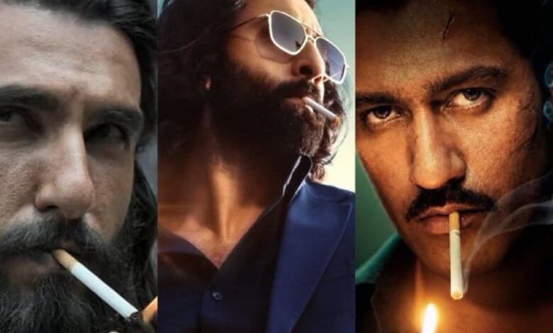 Close-up of three men smoking cigarettes, with intense expressions and varied backgrounds.