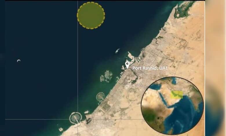 Vessel appears to be listing after possible attack near Port Rashid, UAE.