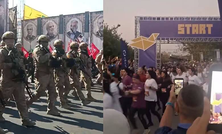 Iranian women run during Tehran 10K as Guards march.