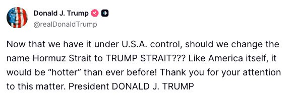 Screenshot of Trump’s post proposing to rename the Strait of Hormuz ‘Trump Strait’.