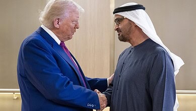 UAE President and Donald Trump shaking hands during a formal meeting.