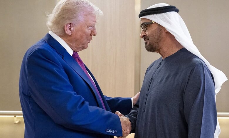 UAE President and Donald Trump shaking hands during a formal meeting.