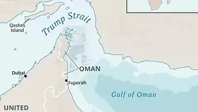Map showing the Strait of Hormuz labelled ‘Trump Strait’ near Oman and the UAE