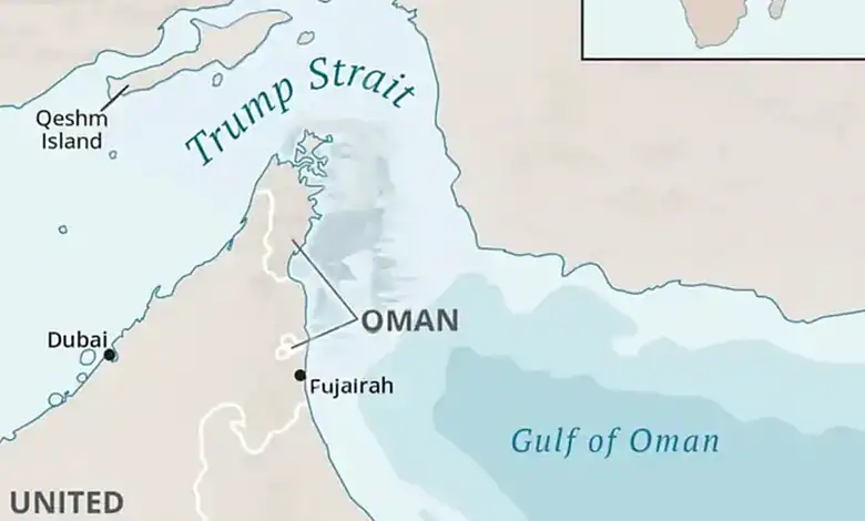 Map showing the Strait of Hormuz labelled ‘Trump Strait’ near Oman and the UAE