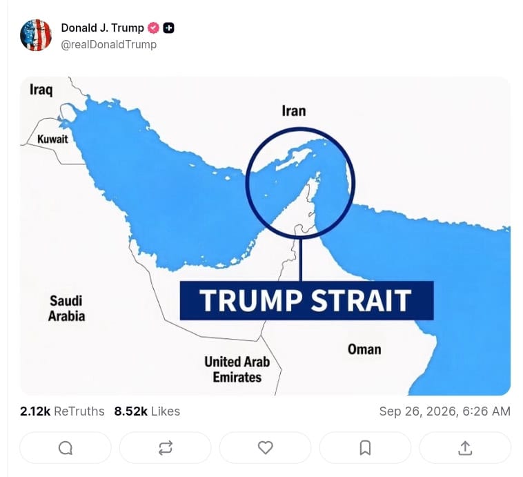 Trump’s map labels Strait of Hormuz “Trump Strait”.