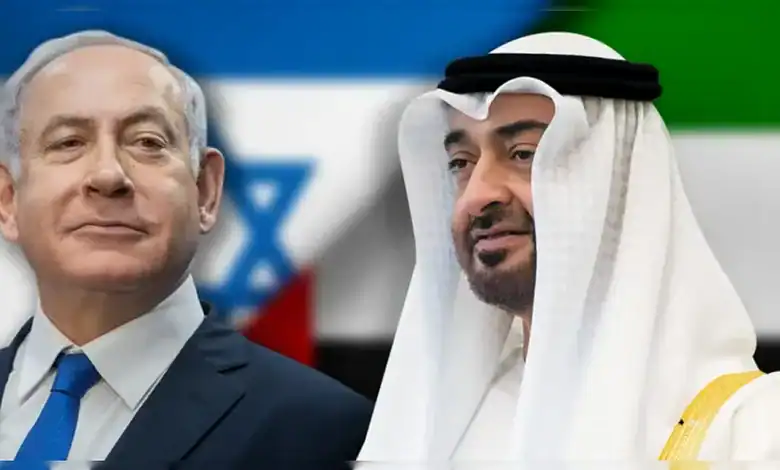 UAE President and Israeli leader in discussion, with flags in the background, during a diplomatic event.