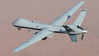 US MQ-9 drone flying over Qeshm Island, Iran, during a military operation or surveillance mission.