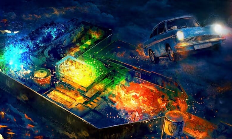 Flying Ford Anglia over a magical Harry Potter-themed scene.