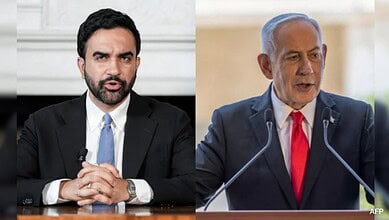 Mamdani and Netanyahu in separate speeches during a political debate or press conference.