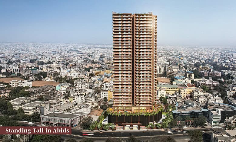 Tall 35-floor Abids tower in Hyderabad with cityscape background.