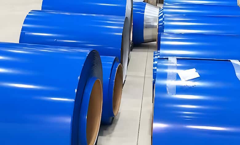 Rows of blue colour coated steel coils in a manufacturing facility.