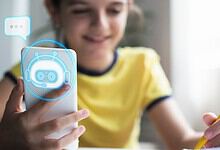Young girl using a smartphone with a holographic AI chatbot interface.
