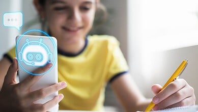 Young girl using a smartphone with a holographic AI chatbot interface.