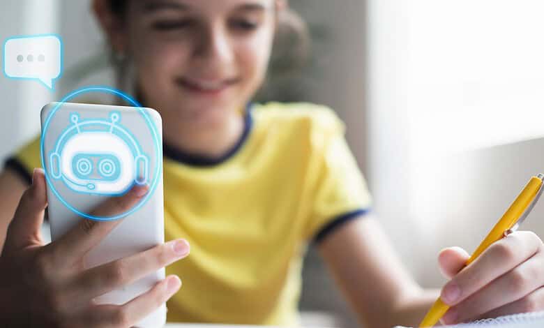Young girl using a smartphone with a holographic AI chatbot interface.