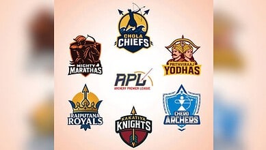 Indian archery teams and league logos at the Archery Premier League event.