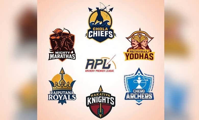 Indian archery teams and league logos at the Archery Premier League event.