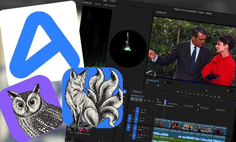 Screenshots of free creative apps with logo icons and video editing interface.