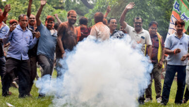 BJP supporters celebrate victory in Nandigram and Rejinagar.