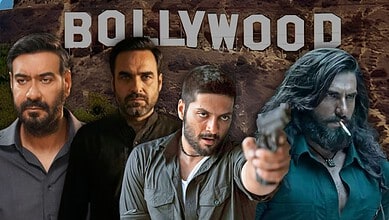 Promotional poster of Bollywood actors with the Hollywood sign in the background.