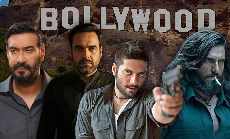 Promotional poster of Bollywood actors with the Hollywood sign in the background.
