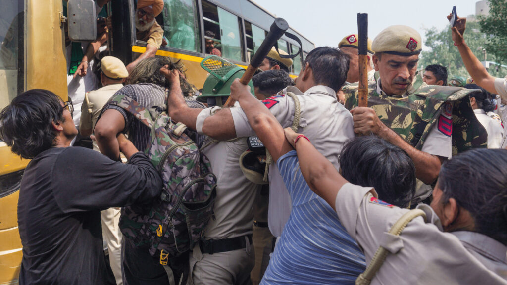 Police and protesters clash during a demonstration at Jantar Mantar in India.