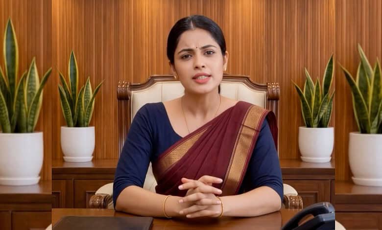 Woman in traditional attire speaking in an office setting with potted plants behind her.